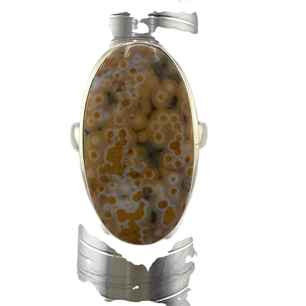 Oval Ocean Jasper Agate Sterling Silver Ring Orbicular Pattern Jewelry 9.5